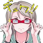 adjusting_eyewear bangs bespectacled blue_eyes blush closed_mouth collarbone frown glasses grey_hair hair_between_eyes jewelry kurihara_kenshirou love_live! love_live!_sunshine!! necklace short_hair simple_background solo ultra_eye ultra_seven_(series) watanabe_you white_background wristband 