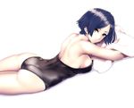  ass back bangs bare_arms bare_shoulders black_hair black_leotard breasts cleavage crossed_arms from_side hayami_kanade highres idolmaster idolmaster_cinderella_girls infinote leotard looking_at_viewer looking_to_the_side lying medium_breasts on_stomach parted_bangs pillow short_hair sideboob simple_background solo strapless strapless_leotard thighs towel white_background yellow_eyes 