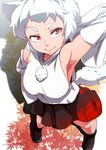  animal_ears arm_up armpits bare_legs bare_shoulders black_skirt boots breasts detached_sleeves eyebrows from_above hand_on_hip highres inubashiri_momiji medium_breasts miniskirt pom_pom_(clothes) red_eyes short_hair skirt sleeveless solo tail tenyunkel thick_eyebrows touhou white_hair wolf_ears wolf_tail 