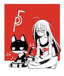  :&lt; ahoge bare_shoulders barefoot cat controller dowman_sayman frown game_console game_controller glasses indian_style jitome long_hair morgana_(persona_5) persona persona_5 playing_games playstation_4 sakura_futaba sitting 