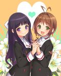  antenna_hair bangs blunt_bangs bow brown_hair cardcaptor_sakura daidouji_tomoyo floral_background flower green_eyes hair_bow hair_ornament heart holding_hands interlocked_fingers kinomoto_sakura long_hair looking_at_viewer multiple_girls open_mouth pop_kyun purple_eyes purple_hair school_uniform short_hair smile tomoeda_middle_school_uniform 