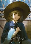  2016 artist_name bangs black_ribbon blue_eyes blunt_bangs brown_hair cape closed_mouth collared_shirt copyright_name cowboy_shot dated dress_shirt eyelashes fur_cape hat holding holding_wand long_sleeves necktie nose ribbon shirt short_hair smile solo wand white_shirt wing_collar witch_hat yuu_kikuchi 