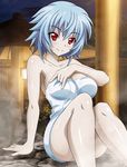  arm_support bare_shoulders blue_hair breasts cleavage collarbone eyebrows eyebrows_visible_through_hair infinite_stratos large_breasts looking_at_viewer lowres naked_towel outdoors red_eyes sarashiki_tatenashi shiny shiny_skin short_hair sideboob sitting smile solo towel wet white_towel 