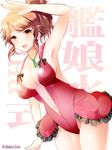  aquila_(kantai_collection) breasts brown_eyes brown_hair center_opening dress hair_ornament hairclip kantai_collection large_breasts looking_at_viewer maki_(seventh_heaven_maxion) navel plunging_neckline ponytail red_dress shiny simple_background solo twitter_username white_background 