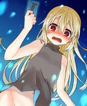  adyisu bare_shoulders blonde_hair blush borrowed_character glowing long_hair looking_at_viewer navel open_mouth original red_eyes shirt_lift solo 