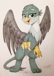  2016 avian beak blush feathered_wings feathers female feral friendship_is_magic gabby_(mlp) gryphon hi_res looking_at_viewer my_little_pony pussy selenophile simple_background solo wings 