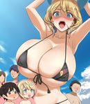  absurdres ball beachball blonde_hair blush breasts brown_hair cleavage commentary_request covered_nipples day eyebrows_visible_through_hair gigantic_breasts highres huge_breasts kloah long_hair mature open_mouth original short_hair smile 