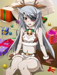  ahoge animal_ears antlers box breasts brown_eyes brown_gloves cleavage cleavage_cutout eyepatch fake_animal_ears fake_horns gift gift_box gloves infinite_stratos laura_bodewig long_hair lowres midriff navel reindeer_antlers silver_hair sitting skirt small_breasts solo 