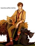  1boy copyright_name dog fantastic_beasts_and_where_to_find_them harry_potter newt_scamander owl sitting suspenders 