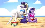  5_fingers 5_toes anthro beach bikini book clothed clothing day duo equine eyelashes eyes_closed female friendship_is_magic fur hair horizon horn mammal midriff my_little_pony mysticalpha navel outside purple_fur purple_hair rarity_(mlp) reading sand seaside sitting swimsuit toes twilight_sparkle_(mlp) water winged_unicorn wings 