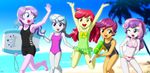  5girls apple_bloom bikini bodyboard diamond_tiara glasses multiple_girls my_little_pony my_little_pony_equestria_girls my_little_pony_friendship_is_magic personification scootaloo silver_spoon sweetie_belle swimsuit tagme uotapo water_gun 