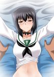  1girl bed_sheet black_hair blush breasts brown_eyes choker collarbone girls_und_panzer hetero kawashima_momo large_breasts long_sleeves looking_at_viewer lying monocle navel on_back ooarai_school_uniform outstretched_arms pov ribbon school_uniform shiny shiny_hair shirt_lift short_hair sidelocks smile solo_focus zerosu_(take_out) 