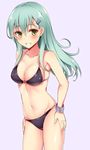  :d alternate_costume armpits bare_arms bare_shoulders bikini black_bikini blush bracelet breasts cleavage collarbone cowboy_shot grin hair_ornament hairclip hands_on_hips interstellar jewelry kantai_collection long_hair looking_at_viewer medium_breasts navel open_mouth parted_lips pink_background simple_background smile solo stomach suzuya_(kantai_collection) swimsuit teeth tsurime 