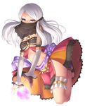  arm_warmers breasts crop_top crystal_ball full_body half-closed_eyes legs_up long_hair looking_at_viewer medium_breasts midriff navel original purple_eyes sandals sasaame simple_background skirt solo star star_print strapless thigh_strap tubetop veil white_background white_hair 