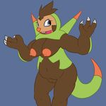  3_fingers anthro areola armor armpits belly big_breasts breasts brown_hair brown_skin buckteeth chestnut claws clothing eyelashes female food fruit grey_eyes hair looking_back mammal navel nintendo nipples nude open_mouth pok&eacute;mon posexe pussy quilladin simple_background slightly_chubby smile solo spikes standing teeth tongue video_games 