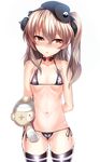  arms_at_sides ass ass_visible_through_thighs bandages bikini black_bikini black_legwear blush boko_(girls_und_panzer) breasts brown_eyes brown_hair girls_und_panzer hair_ribbon headphones highres long_hair looking_to_the_side micro_bikini navel ribbon shimada_arisu side_ponytail silly_(marinkomoe) small_breasts solo stomach striped striped_legwear stuffed_animal stuffed_toy swimsuit teddy_bear thighhighs thighs throat_microphone wojtek 