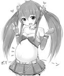  1girl blush child cleavage fingerless_gloves hair_bow hair_ornament heart idolmaster idolmaster_cinderella_girls long_hair long_twintails looking_at_viewer matoba_risa monochrome open_mouth pregnant shiny shiny_skin simple_background sketch skirt solo standing twintails white_background yurarin 