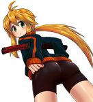  ass bike_shorts blonde_hair blue_eyes commentary_request from_behind from_below highres jacket koshirae_tsurugi long_hair looking_back looking_down m.m original ponytail sheath sheathed shorts solo sword track_jacket very_long_hair weapon 
