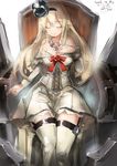  2016 artist_name blonde_hair braid closed_eyes crown dated dress french_braid garter_straps hairband hand_on_own_chest kantai_collection long_hair mini_crown off_shoulder signature sitting solo thighhighs throne toka_(marchlizard) warspite_(kantai_collection) white_dress white_legwear 