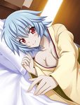  bed blue_hair breasts cleavage collarbone eyebrows eyebrows_visible_through_hair from_side indoors infinite_stratos looking_at_viewer lowres lying medium_breasts on_side pillow red_eyes sarashiki_tatenashi short_hair smile solo 