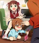  age_regression amami_haruka black_hair brown_eyes brown_hair child gen_(enji) green_eyes hagiwara_yukiho hair_ribbon idolmaster idolmaster_(classic) indoors kikuchi_makoto kneeling multiple_girls open_mouth red_ribbon ribbon short_hair sitting tears younger 