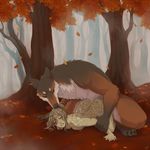  2016 anthro biting_lip canine digitigrade duo elene_(character) fall female forest from_behind_position fur green_hair green_skin hair hair_bite humanoid humanoid_on_anthro interspecies leaves littledoll looking_pleasured male male/female mammal messy_hair multicolored_fur nude nymph on_ground orun_(character) outside sex spots spotted_skin tree webbed_hands wolf 