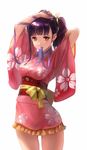  arm_up ass_visible_through_thighs bangs black_hair brown_eyes choker cowboy_shot frilled_kimono frills hair_ribbon hand_behind_head japanese_clothes kimono koutetsujou_no_kabaneri looking_at_viewer mouth_hold mumei_(kabaneri) obi purple_ribbon red_eyes ribbon ribbon_choker sash shogo_(shogo) short_hair short_kimono solo twintails 