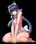  animal_ears apron bangs barefoot between_legs bikini black_bikini black_hair blue_eyes blue_nails breasts cat_ears cat_tail cleavage closed_mouth covered_nipples eyebrows eyebrows_visible_through_hair eyelashes fingernails frilled_apron frills full_body han-0v0 hand_between_legs highres large_breasts nail_polish naked_apron original purple_eyes see-through sideboob sidelocks simple_background sitting smile solo swimsuit tail wariza wet wet_clothes 