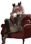  anchovy anzio_military_uniform armchair belt black_footwear black_ribbon black_shirt blurry boots chair crossed_legs depth_of_field drill_hair eyebrows eyebrows_visible_through_hair girls_und_panzer green_hair grey_jacket grey_pants hair_between_eyes hair_ornament hair_ribbon hand_on_own_chest head_tilt jacket knee_boots lens_flare long_hair looking_at_viewer military military_uniform oono_imo open_clothes open_jacket orb pants red_eyes ribbon shirt sitting smile solo twin_drills twintails uniform white_background 