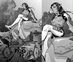  acronym animal_print arm_cannon bangs bodysuit boots bracer breasts breasts_apart bubble_blowing bunny_print character_name chewing_gum d.va_(overwatch) facepaint facial_mark full_body gatling_gun gloves greyscale gun headphones joel_furtado long_hair long_sleeves mecha medium_breasts meka_(overwatch) monochrome overwatch pauldrons pilot_suit ribbed_bodysuit shoulder_pads sitting skin_tight solo thigh_boots thighhighs turtleneck weapon whisker_markings white_footwear 