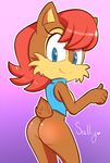  2016 anthro blue_eyes bottomless brown_fur butt chipmunk clothed clothing female fur hair hearlesssoul looking_at_viewer looking_back mammal presenting red_hair rodent sally_acorn smile solo sonic_(series) vest 