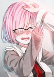  alternate_hair_color arms_up artist_name blush breasts closed_eyes crying fate/grand_order fate_(series) glasses hair_over_one_eye hand_on_another's_head highres large_breasts long_sleeves mash_kyrielight necktie open_mouth out_of_frame petting pink_hair red_neckwear rindo short_hair signature solo_focus tears wavy_mouth 