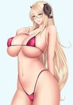  1girl arm_behind_back bare_shoulders baru_(val-val) bikini blonde_hair blue_eyes breasts cameltoe cleavage erect_nipples glasses highres horns huge_breasts long_hair micro_bikini navel original pink_bikini sheep_horns sideboob smile solo standing swimsuit underboob very_long_hair 