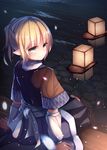  afloat_lantern arm_support arm_warmers blonde_hair from_behind green_eyes hair_between_eyes highres japanese_clothes lantern looking_at_viewer miniskirt mizuhashi_parsee paper_lantern pointy_ears pokio ponytail scarf short_hair skirt smile snowing solo touhou water wooden_floor 