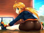  ass bike_shorts blonde_hair blue_eyes boots commentary_request from_behind highres jacket koshirae_tsurugi leaning_forward legs long_hair looking_back m.m original ponytail shorts sitting smile solo spread_legs track_jacket 
