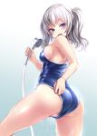  :d adjusting_clothes adjusting_swimsuit ass bare_arms bare_shoulders blue_eyes blue_swimsuit blush bosshi breasts competition_school_swimsuit covered_nipples dripping eyebrows eyebrows_visible_through_hair holding kantai_collection kashima_(kantai_collection) legs_apart looking_at_viewer medium_breasts one-piece_swimsuit open_mouth partially_visible_vulva short_hair shower_head showering sideboob silver_hair skin_tight skindentation smile solo standing swimsuit thighs water water_drop wet wet_clothes wet_hair wet_swimsuit 