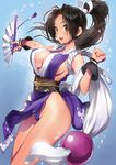  alternate_color blush breasts brown_eyes brown_hair cleavage fan folding_fan japanese_clothes large_breasts long_hair looking_at_viewer matsuda_(matsukichi) player_2 ponytail shiranui_mai sideboob simple_background smile solo the_king_of_fighters 