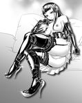  arm_at_side ass bangs bare_shoulders bed_sheet boots breasts breasts_apart closed_mouth collarbone corset crossed_legs elbow_gloves eyebrows eyebrows_visible_through_hair eyelashes frilled_gloves frills garter_straps gloves greyscale hand_on_own_cheek hand_up high_heel_boots high_heels highres kazukyo lace lace-trimmed_thighhighs lace_trim long_hair lying monochrome nipples no_bra on_back on_bed original panties pantyshot pantyshot_(sitting) pillow pleated_skirt sitting skirt small_breasts solo sparkle straight_hair thigh_boots thighhighs underwear 