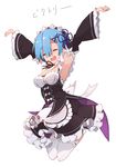  \o/ ^_^ ^o^ arms_up bad_id bad_pixiv_id blue_hair breasts cleavage closed_eyes detached_sleeves hair_ornament hair_ribbon highres maid maid_headdress medium_breasts musa_(feelingheart) open_mouth outstretched_arms purple_ribbon re:zero_kara_hajimeru_isekai_seikatsu rem_(re:zero) ribbon short_hair simple_background solo thighhighs translated white_background white_legwear x_hair_ornament 