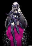  armor artist_name bare_shoulders black_background blonde_hair breasts chain famepeera fate/grand_order fate_(series) headpiece highres jeanne_d'arc_(alter)_(fate) jeanne_d'arc_(fate)_(all) long_hair looking_at_viewer medium_breasts skull smile solo sword thighhighs weapon yellow_eyes 