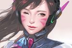  bangs barksal bodysuit d.va_(overwatch) eyelashes face facepaint facial_mark headphones high_collar highres nose overwatch parted_lips pauldrons pilot_suit pink_lips ribbed_bodysuit shoulder_pads solo swept_bangs whisker_markings 