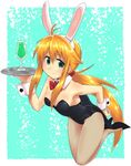  animal_ears bare_shoulders blonde_hair bow bowtie breasts bunny_ears bunnysuit cleavage commentary_request cup detached_collar drink drinking_glass fake_animal_ears green_eyes hand_on_hip high_heels highres holding koshirae_tsurugi legs_up leotard long_hair m.m original pantyhose ponytail shoes small_breasts smile solo tray very_long_hair wrist_cuffs 
