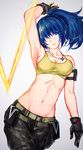  belt black_gloves blue_eyes blue_hair breasts cleavage dog_tags gloves labombardier! leona_heidern medium_breasts midriff navel ponytail solo sports_bra the_king_of_fighters the_king_of_fighters_xiv 