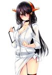  black_hair blush breasts clenched_hand clipboard collar collarbone hair_between_eyes hair_ornament hairband hairclip haruna_(kantai_collection) headgear heart heart-shaped_lock heart_lock_(kantai_collection) highres jewelry kantai_collection large_breasts lock long_hair long_sleeves looking_at_viewer notepad orange_hairband remodel_(kantai_collection) ring sarong simple_background smile solo tsukui_kachou wedding_band white_background zipper 