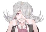  absurdres braces danganronpa danganronpa_3 flipped_hair forced_smile hair_over_one_eye highres kimura_seiko mask mask_removed purple_eyes short_hair shrimp_cc silver_hair solo surgical_mask 