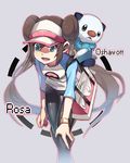  bag baseball_cap black_legwear blue_eyes brown_hair double_bun ege_(597100016) gen_5_pokemon hat highres leaning_forward long_hair mei_(pokemon) no_pants open_mouth oshawott pantyhose pokemon pokemon_(creature) pokemon_(game) pokemon_bw2 shirt smile thigh_gap twintails very_long_hair visor_cap watch wristwatch 