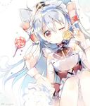  ;) alternate_costume amatsukaze_(kantai_collection) atsumi_jun beads bow bowtie brown_eyes candy choker dress eyebrows eyebrows_visible_through_hair food frills grey_hair hair_tubes headgear kantai_collection knees_up lollipop long_hair looking_at_viewer maid maid_headdress one_eye_closed ribbon sleeveless smile solo twitter_username two_side_up white_background wrist_cuffs 