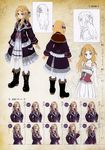  ^_^ absurdres atelier_(series) atelier_rorona blonde_hair blue_eyes blush boots bow character_sheet closed_eyes coat collarbone concept_art cuderia_von_feuerbach dress expressions frills full_body hair_bow hair_ornament hair_ribbon hands_on_hips highres jewelry kishida_mel knee_boots long_hair multiple_views necklace non-web_source official_art pantyhose ribbon simple_background sleeves_past_wrists smile turnaround wavy_hair white_legwear 