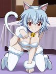  all_fours animal_ears bed bell bell_collar blue_hair boots bra breasts cat_ears cat_tail cleavage collar eyebrows eyebrows_visible_through_hair fake_animal_ears hairband indoors infinite_stratos looking_at_viewer lowres medium_breasts panties paw_pose red_eyes sarashiki_tatenashi short_hair smile solo strapless strapless_bra tail thigh_boots thighhighs underwear white_bra white_footwear white_hairband white_panties 