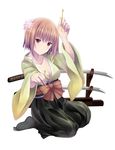  black_legwear breasts brown_eyes brown_hair cleavage collarbone flower hair_flower hair_ornament holding japanese_clothes katana kimono looking_at_viewer medium_breasts original seiza shichouson short_hair simple_background sitting solo sword weapon white_background yukata 